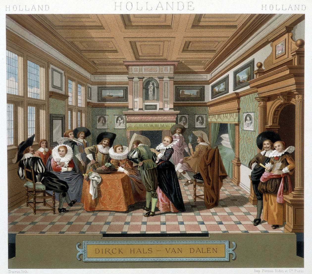 Holandês em trajes e em um interior do século XVIII. Ilustração em "Le figurino historique" de Racinet de Albert Charles August Racinet