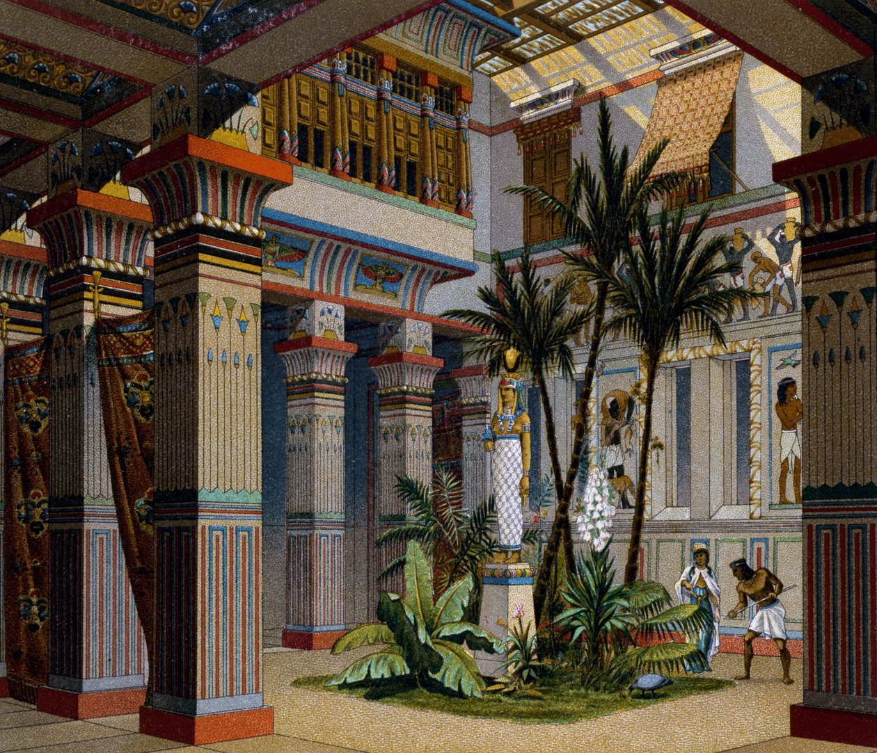 Egito, interior do lar de pessoas ricas do Império Antigo, litografia de Charpentier, de Le Costume Historique (História dos trajes), Vol II, de Auguste Racinet de Albert Charles August Racinet