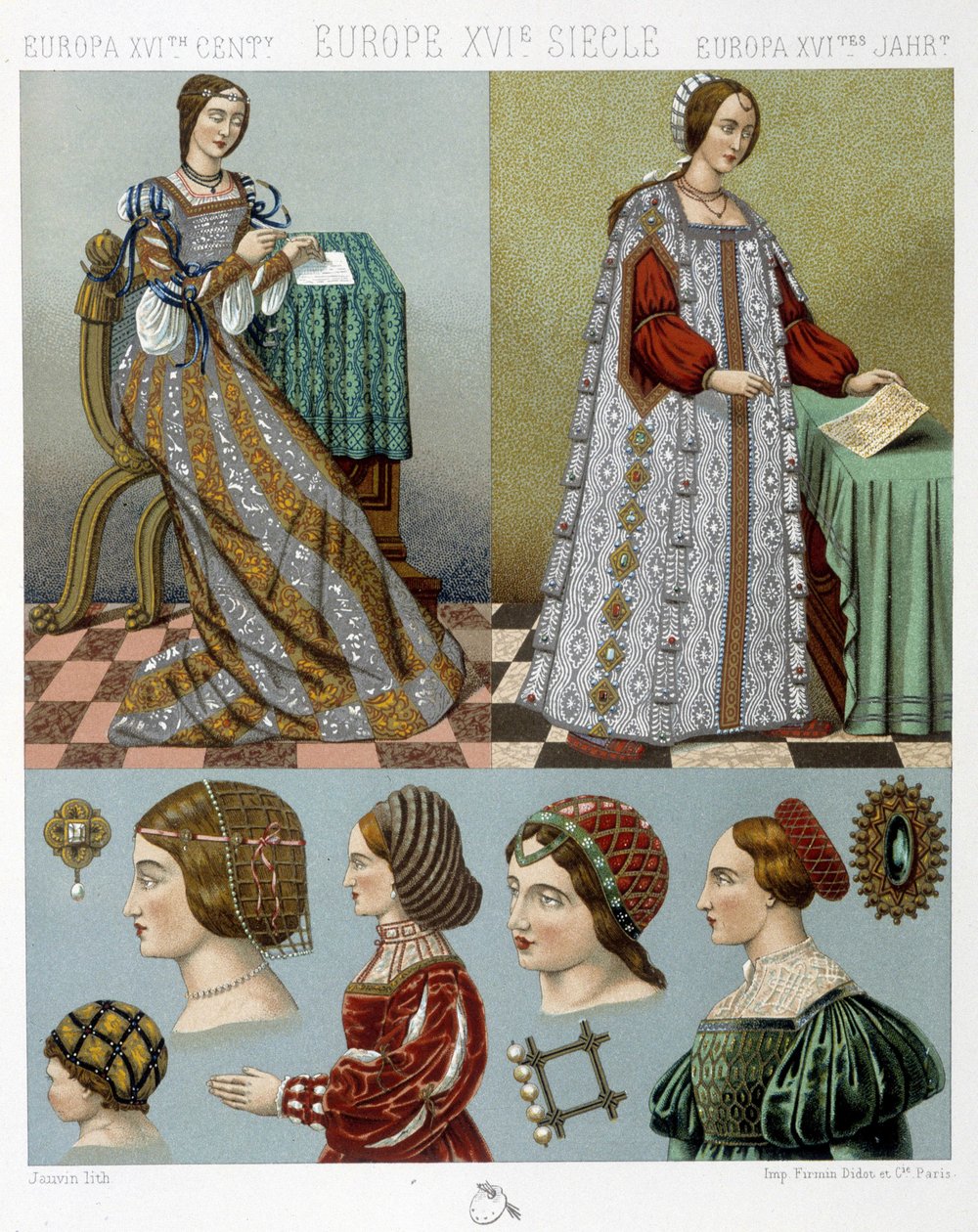 Moda e cabeleireiro na Europa no século XVI - em "O traje histórico" de Racinet, final do século XIX de Albert Charles August Racinet