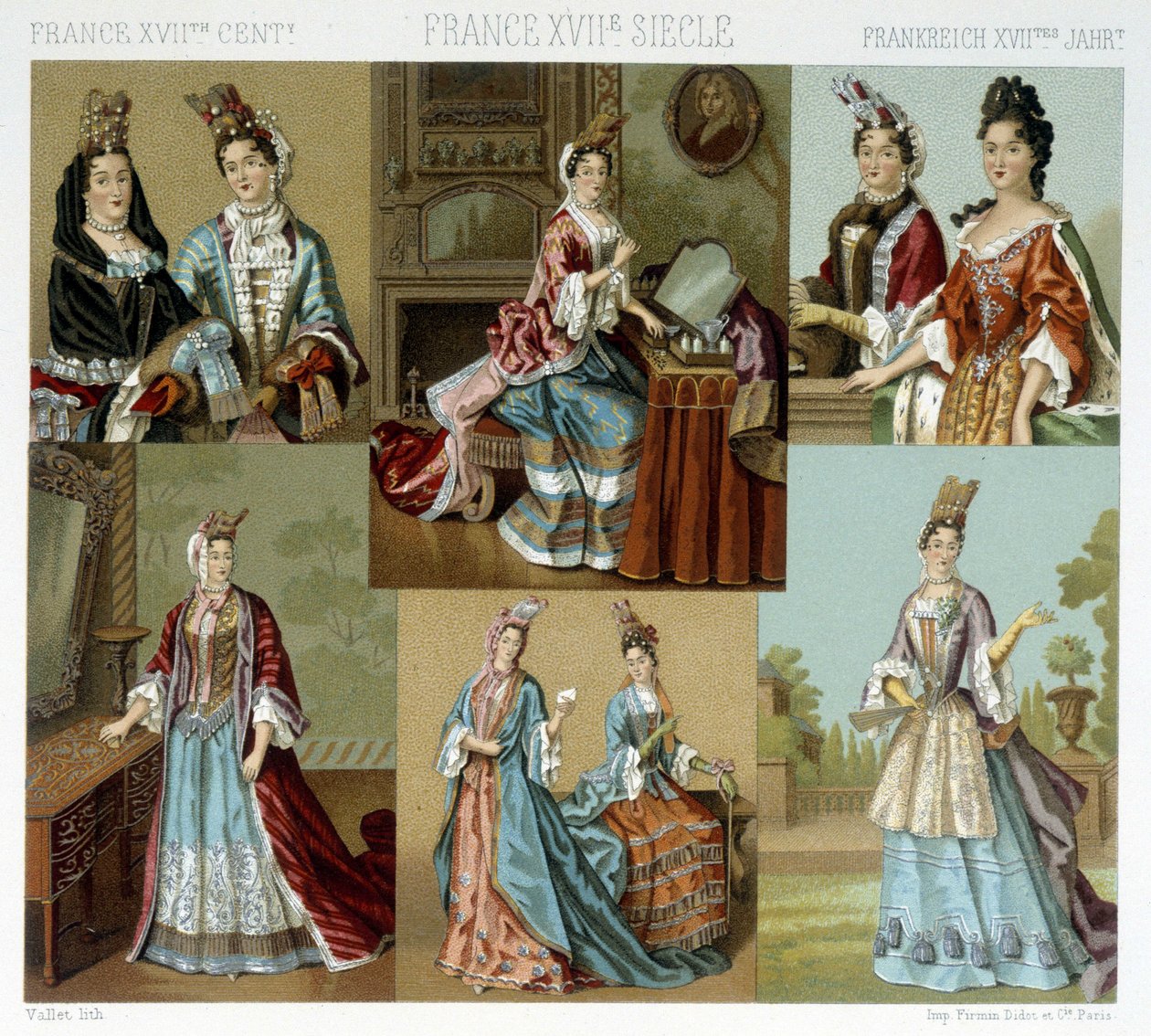 Moda e cabeleireiro em França no século XVIII - em "Le costume historique" de Racinet, final do século XIX de Albert Charles August Racinet