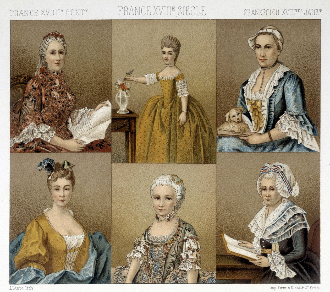 A moda feminina francesa no século XVIII. Ilustração em "Le costume historique" de Racinet de Albert Charles August Racinet