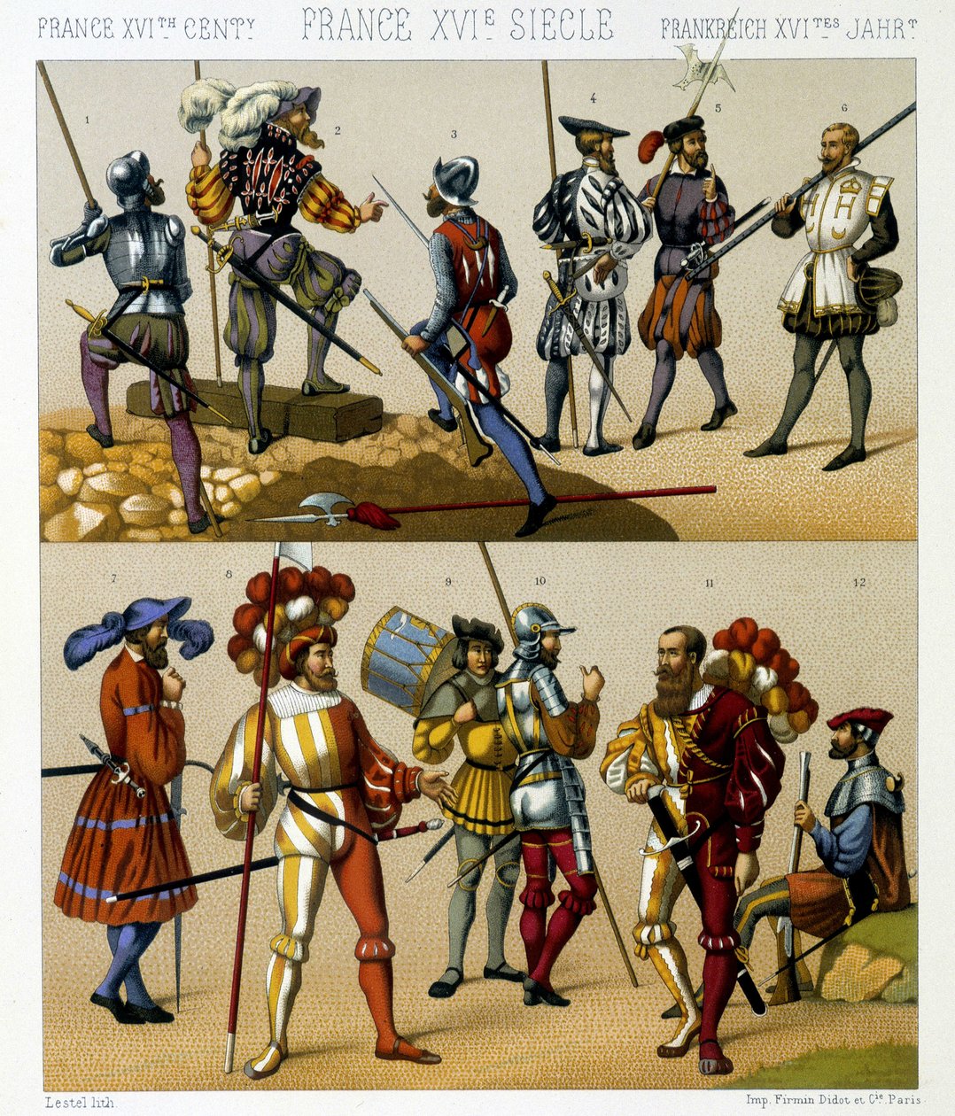 Os trajes militares franceses do século XVI. Placa cromolitográfica - em "Le costume historique" de Racinet de Albert Charles August Racinet