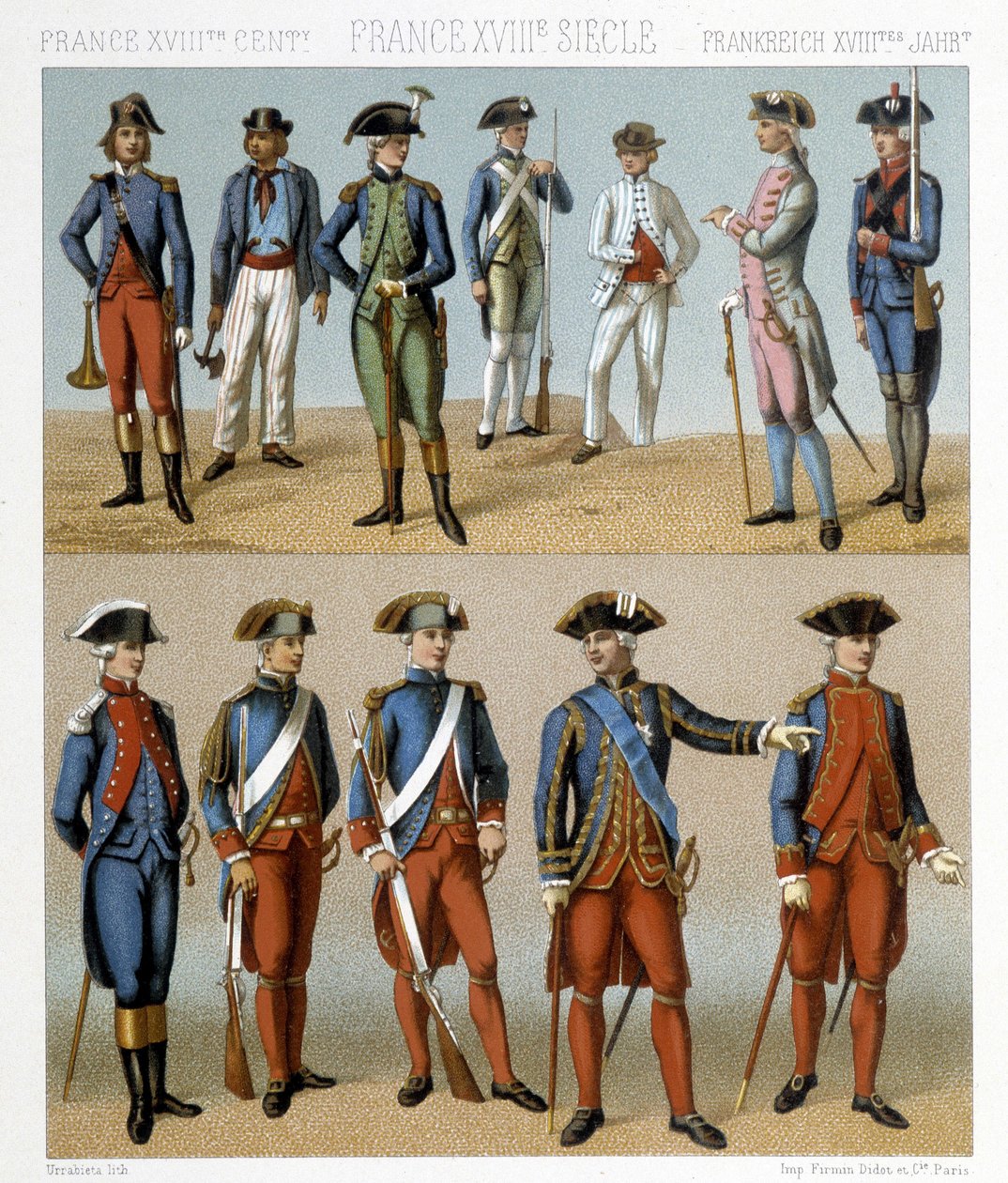 Roupas militares francesas no século XVIII. Ilustração em "Le costume historique" de Racinet de Albert Charles August Racinet