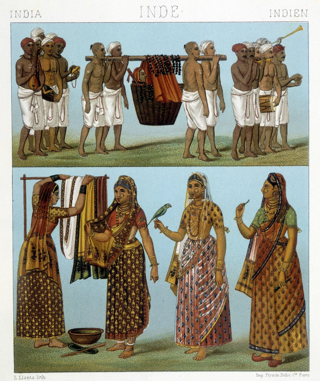 Funeral (parte superior da foto) e lavanderia (parte inferior da foto) na Índia. Ilustração em "Le costume historique" de Racinet de Albert Charles August Racinet