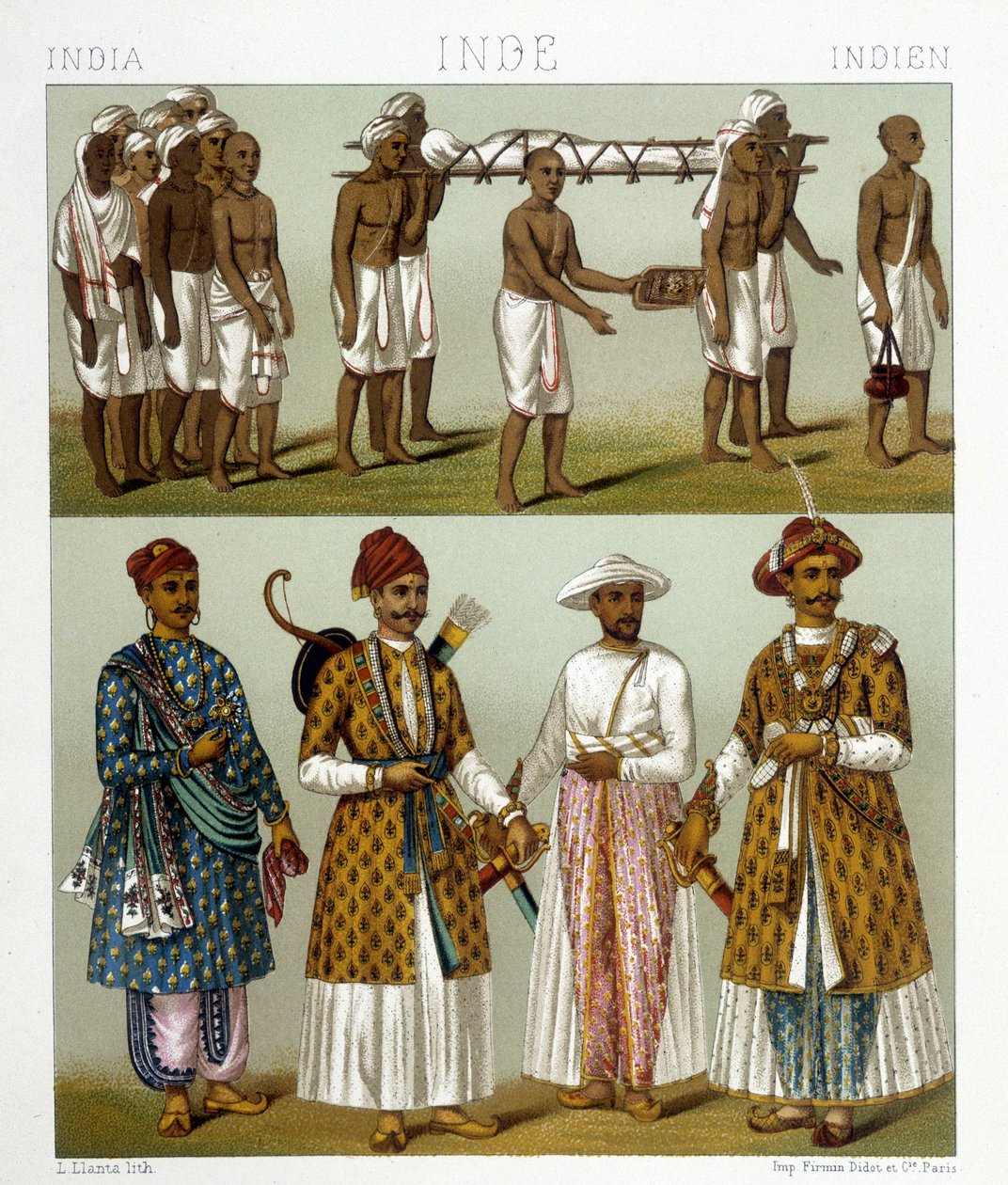 Funeral (topo da foto) e comerciantes (fundo da foto) na Índia. Desenho em "Le costume historique" de Racinet de Albert Charles August Racinet