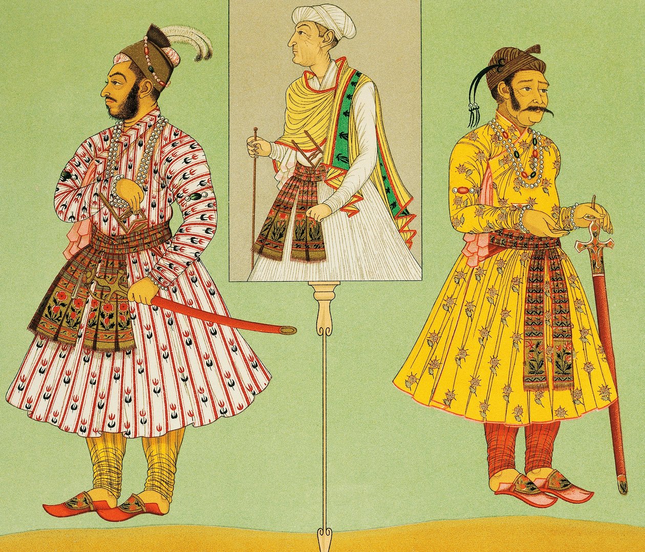 Altos dignitários do império moghul, litografia de Chataignon de Historical costumes, Volume I, de Auguste Racinet (1825-1893), Paris de Albert Charles August Racinet