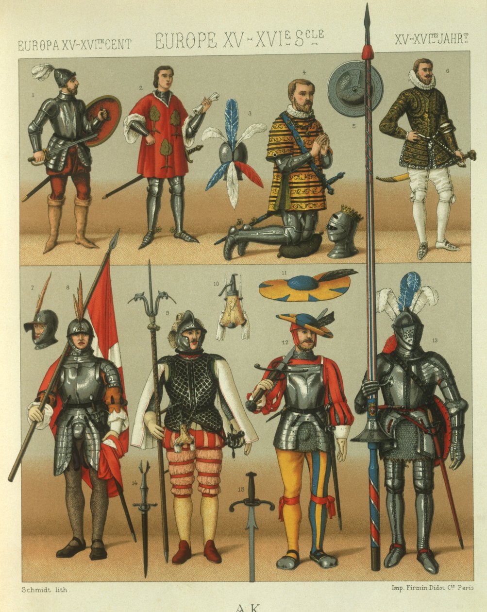 Ilustração da armadura dos guerreiros europeus de Albert Charles August Racinet