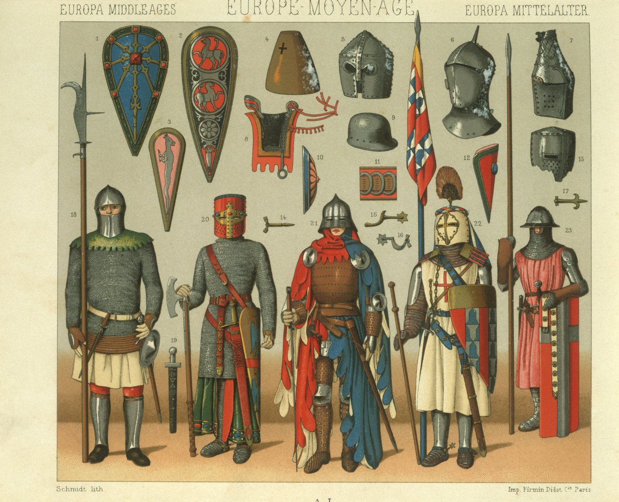 Ilustração da armadura dos guerreiros franceses de Albert Charles August Racinet