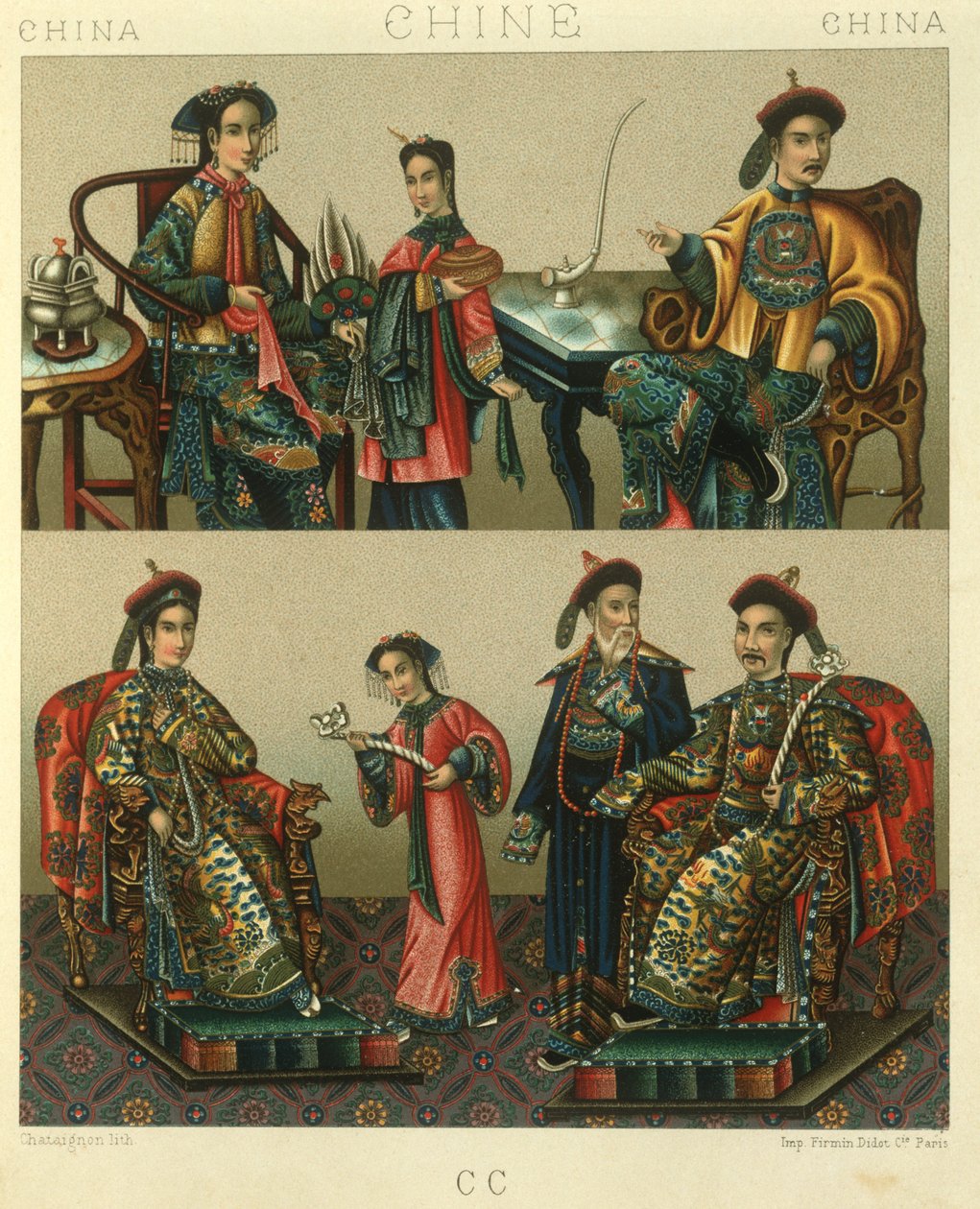 Ilustração da família Imperial de Chin; China de Albert Charles August Racinet