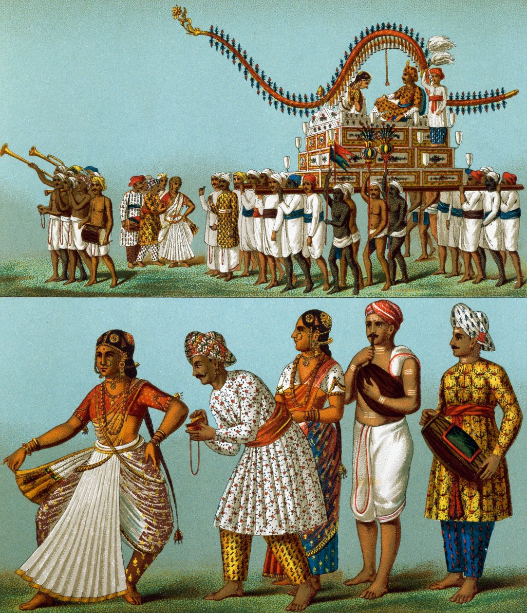 Índia, desfiles, música, danças, de Auguste Racinet (1825-1893), a litografia vem de Le Costume Historique, Volume I de Albert Charles August Racinet