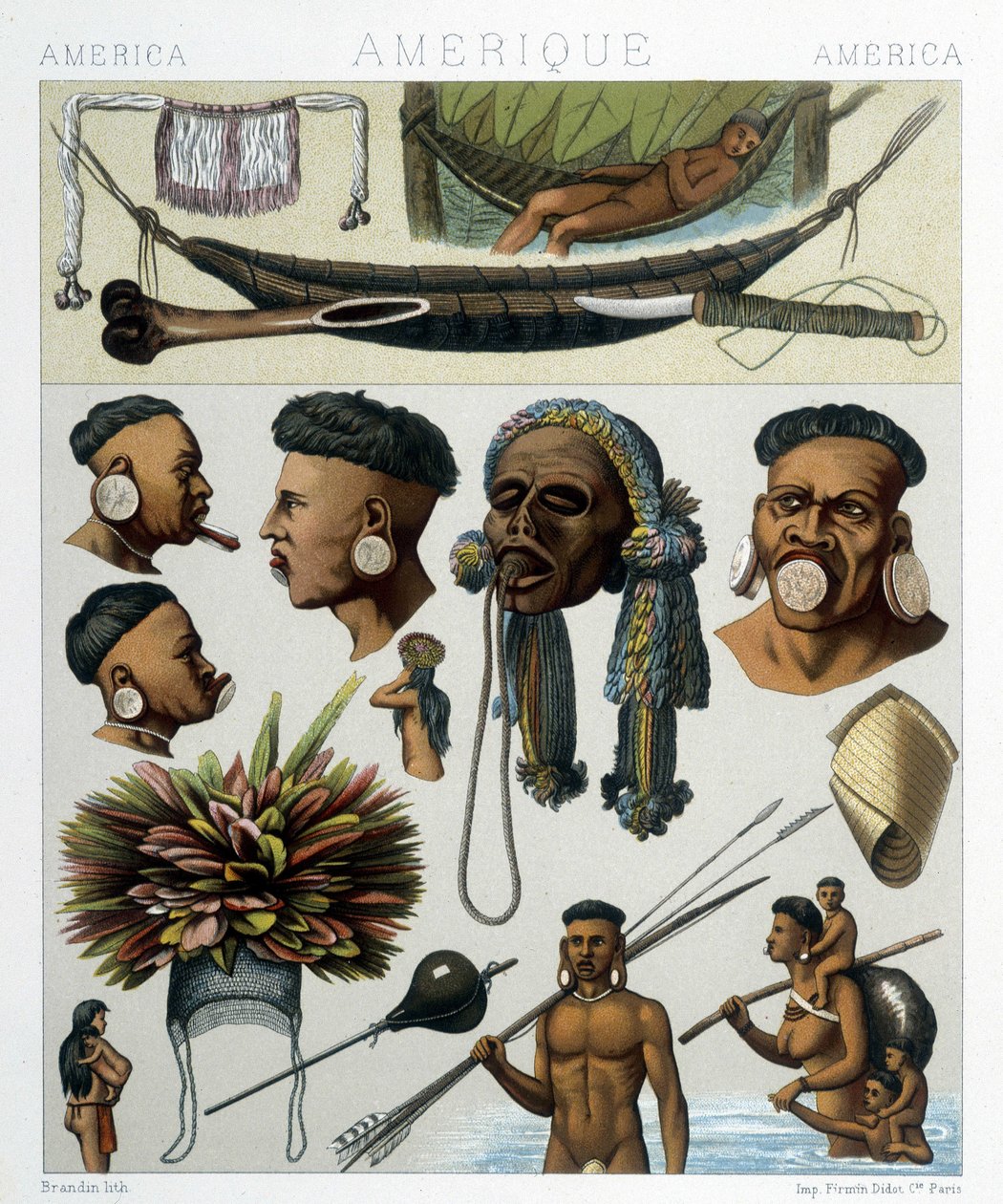 Povos Indígenas do Brasil e Paraguai. Ilustração em "O traje histórico" de Racinet de Albert Charles August Racinet