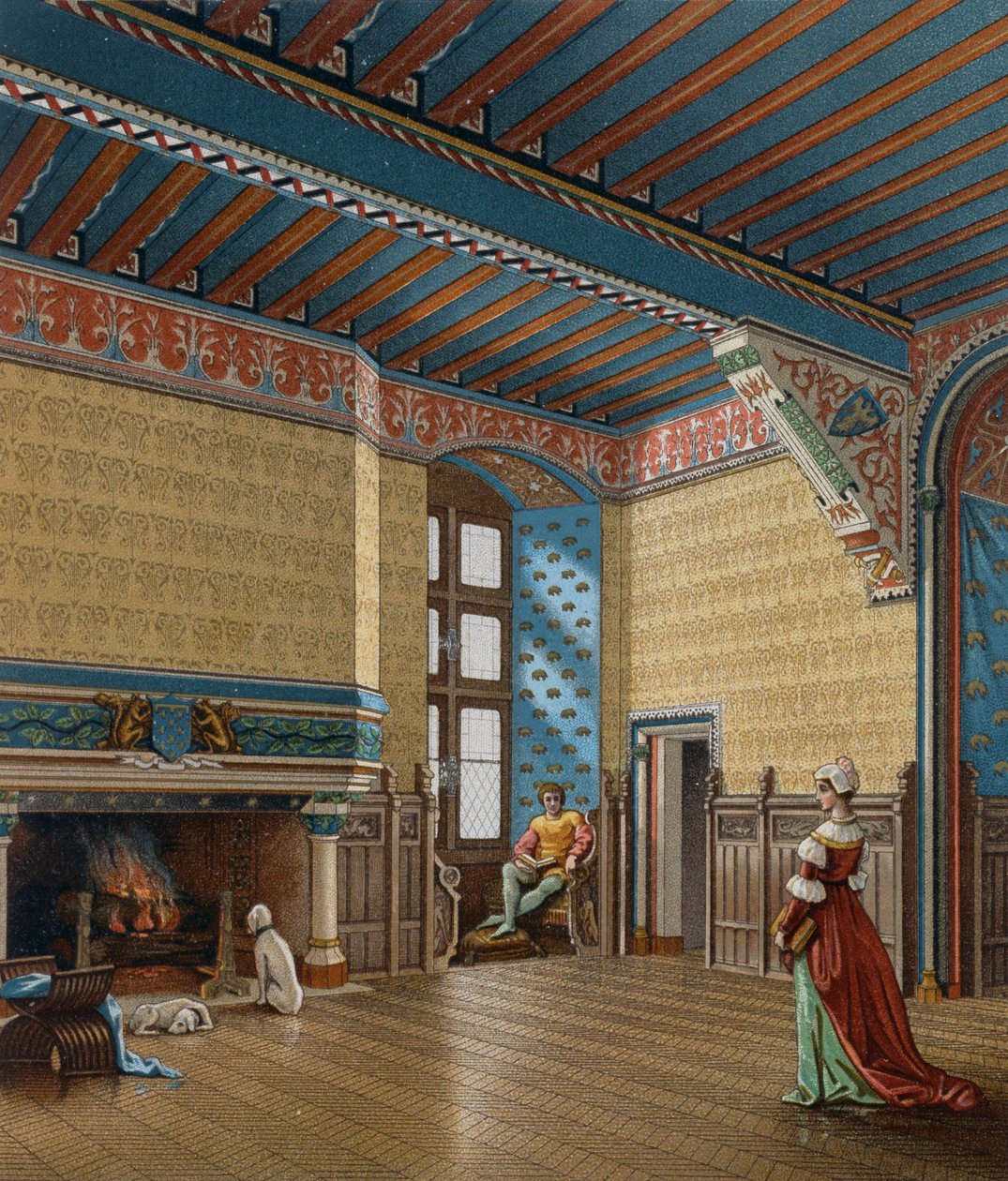 Interior da habitação francesa do século XV, Litografia de Charpentier de Le Costume historique (A História Completa do Traje) de Albert Charles August Racinet