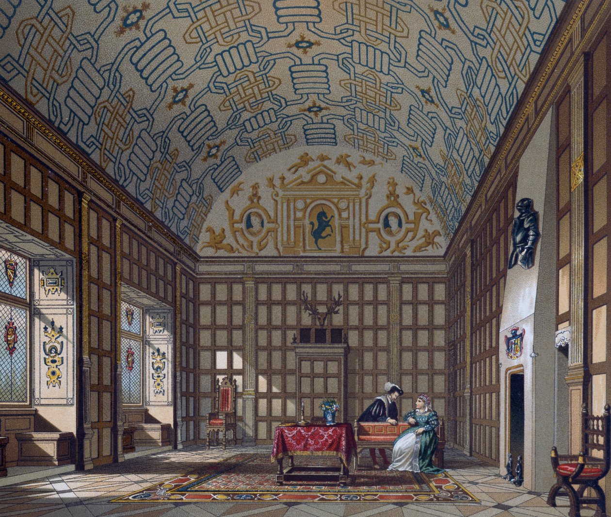 Interior da habitação inglesa do século XVI, Litografia de Gaulard de Le Costume historique (A História Completa do Traje) de Albert Charles August Racinet