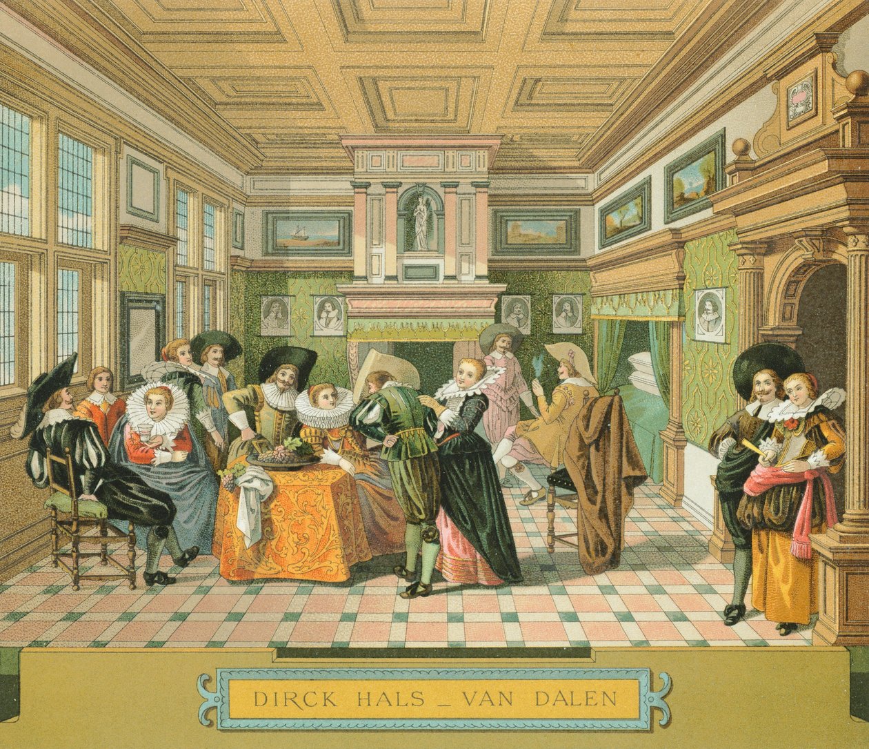 Interior da Nobre Moradia Holandesa no século XVII, Ilustração de The Complete Costume History de Racinet Auguste de Albert Charles August Racinet