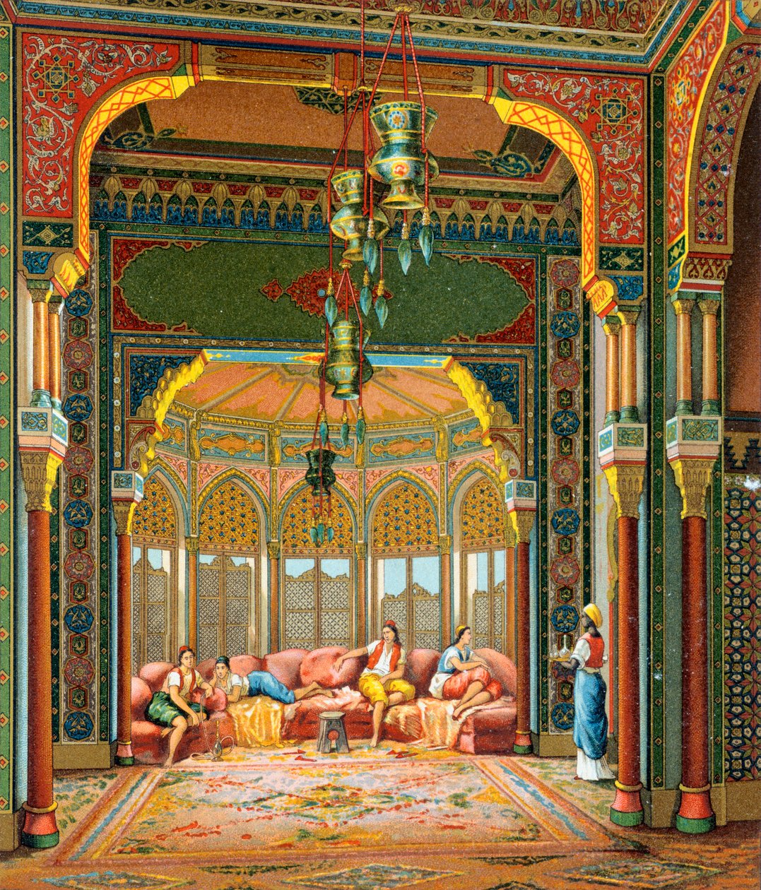 Interior de edifício turco, Ilustração de Complete Costume History de Auguste Racinet de Albert Charles August Racinet