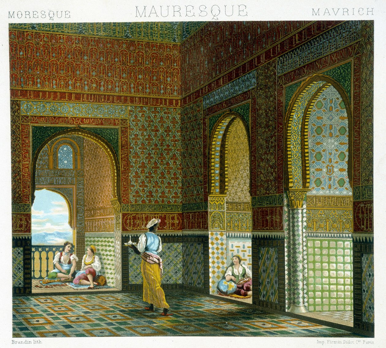Interior de uma casa mourisca (Alhambra, quarto da Bênção). Placa cromolitográfica - em "Le costume historique" de Racinet de Albert Charles August Racinet