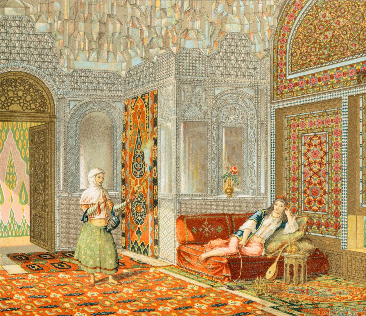 Interior de uma Sala Persa, Ilustração de Complete Costume History de Auguste Racinet de Albert Charles August Racinet