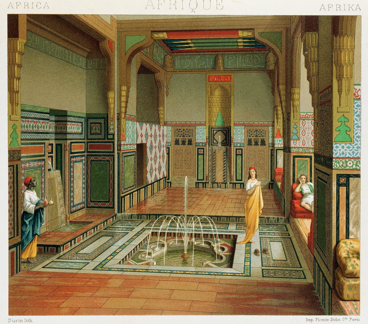 Interior de uma casa rica no Cairo, Ilustração de Complete Costume History de Auguste Racinet de Albert Charles August Racinet