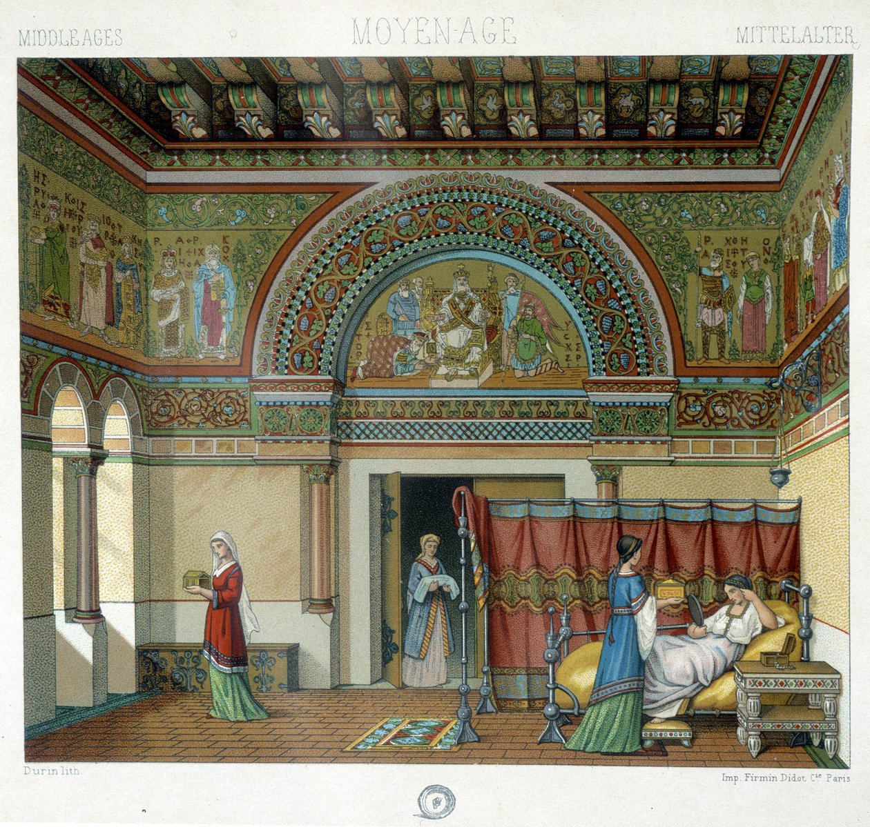 Interior de uma habitação monumental na Idade Média - em "O traje histórico" de Racinet de Albert Charles August Racinet