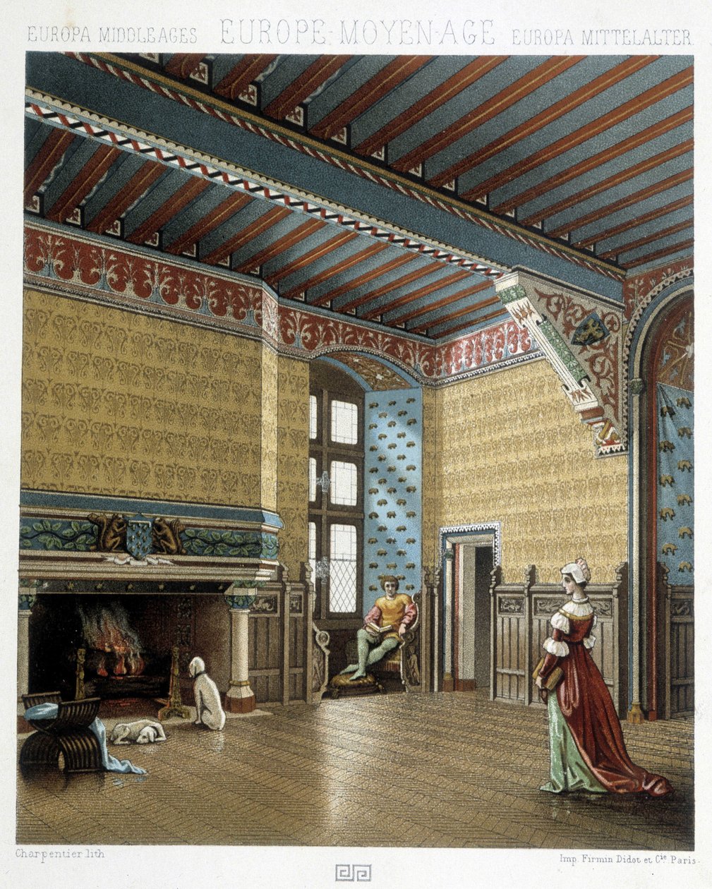 Interior de uma habitação monumental na Idade Média - em "O traje histórico" de Racinet de Albert Charles August Racinet