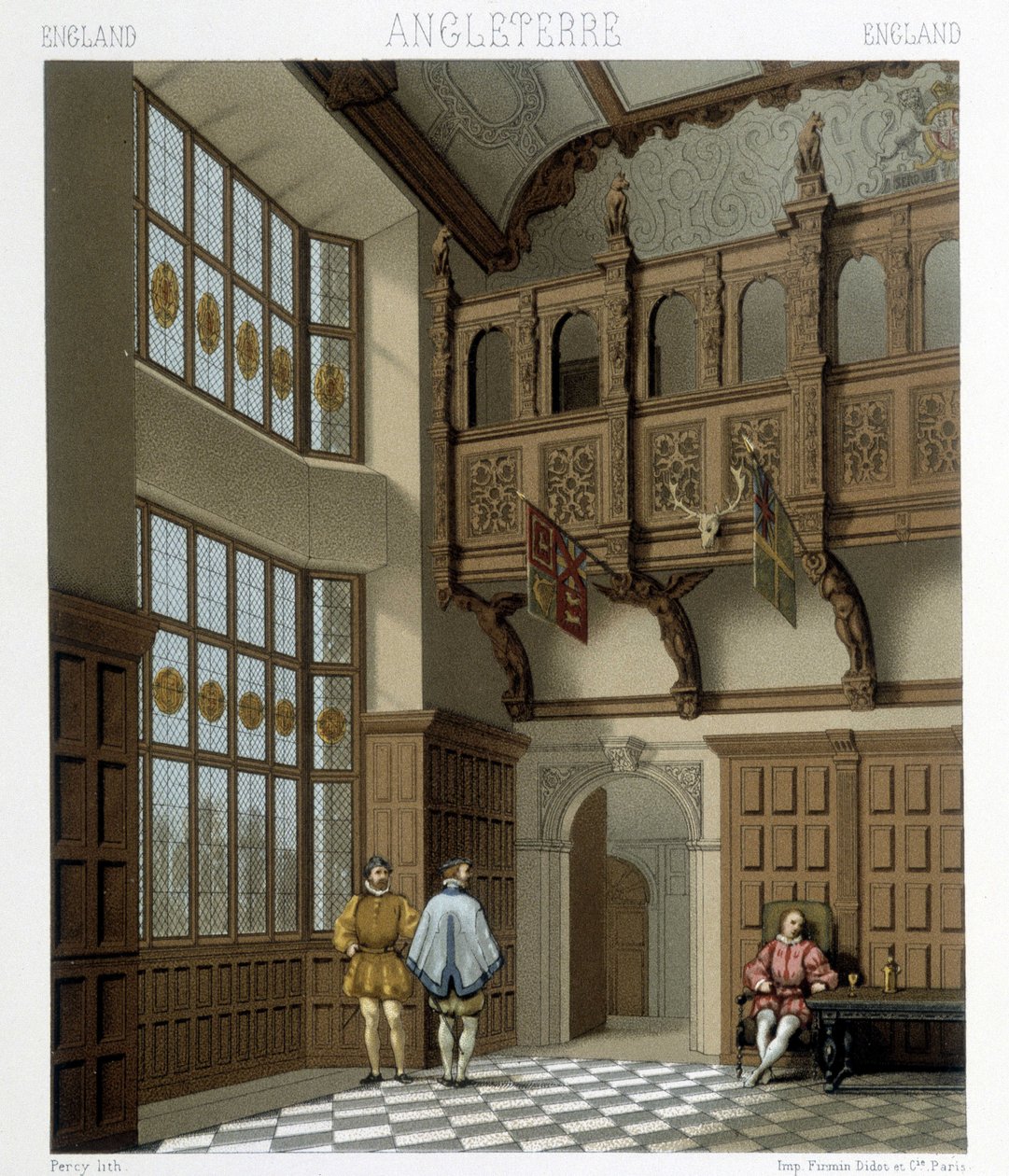 Interior de uma casa senhorial na Inglaterra no século XVIII. Ilustração em "Le costume historique" de Racinet de Albert Charles August Racinet