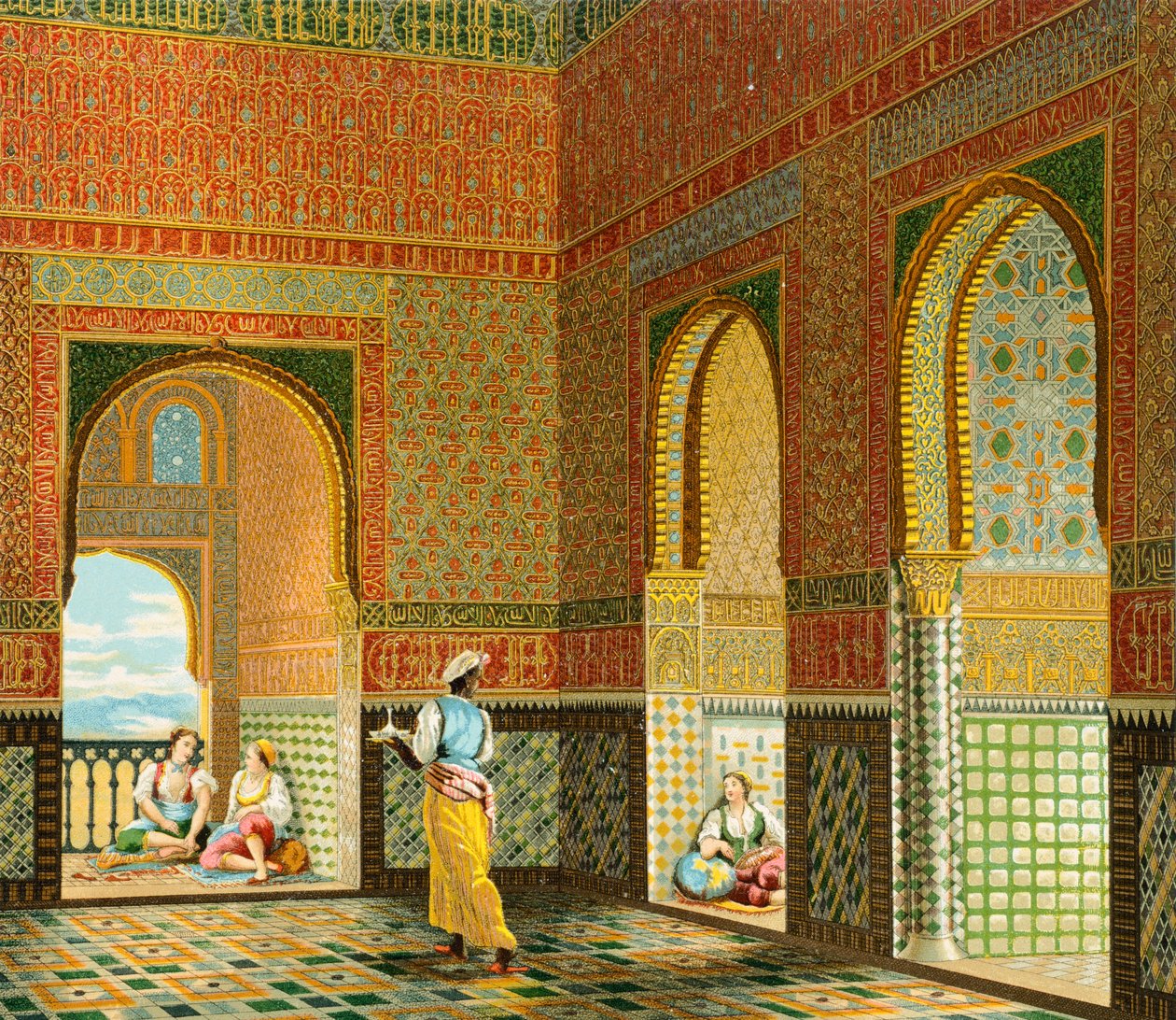 Interior de uma habitação de um mouro rico, Ilustração da História Completa do Traje de Auguste Racinet de Albert Charles August Racinet