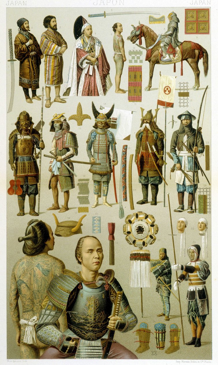 Roupas de guerreiro japonês (samoura ou yakuza ou yakuza). Placa cromolitográfica - em "Le costume historique" de Racinet de Albert Charles August Racinet