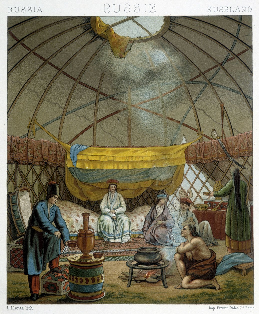 Kalmyk (nômades russos) em seu yurt de Albert Charles August Racinet