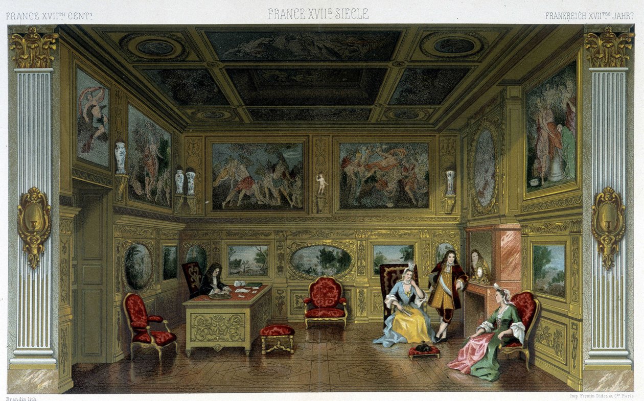 Homens e mulheres em uma casa rica do século XVIII. Ilustração em "Le costume historique" de Racinet de Albert Charles August Racinet