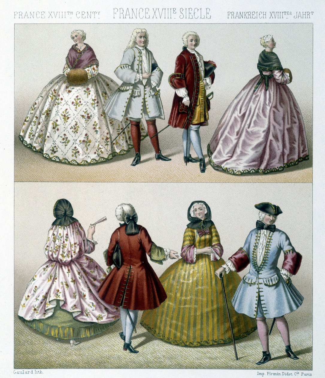 Homens e mulheres vestindo trajes da moda do século XVIII na França. Ilustração em "Le costume historique" de Racinet de Albert Charles August Racinet