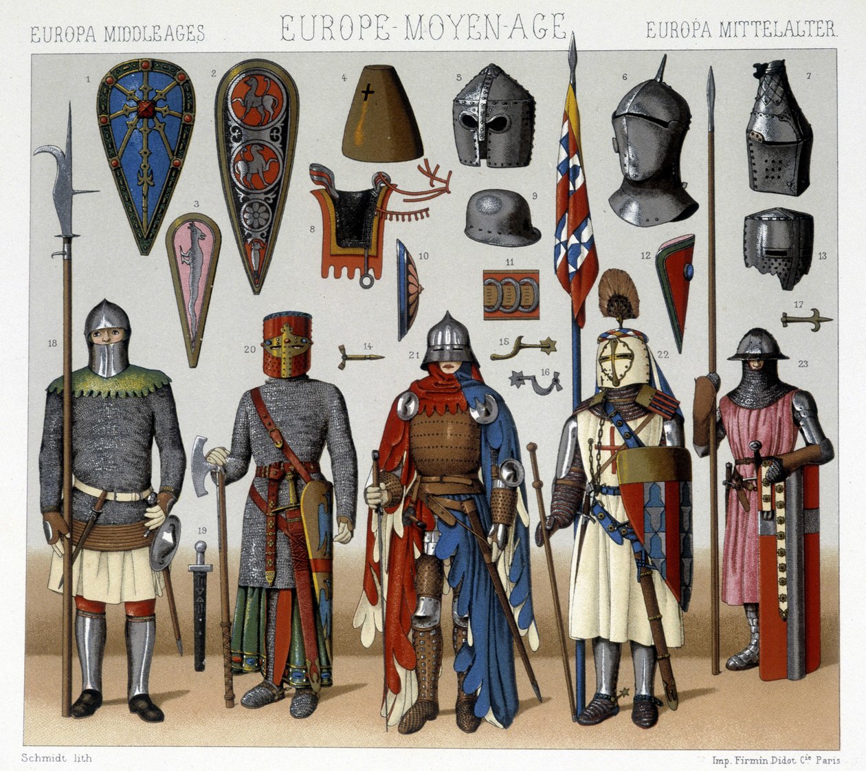 Fatos e capacetes militares na França dos séculos XIII a XV. Ilustração em "Le costume historique" de Racinet de Albert Charles August Racinet
