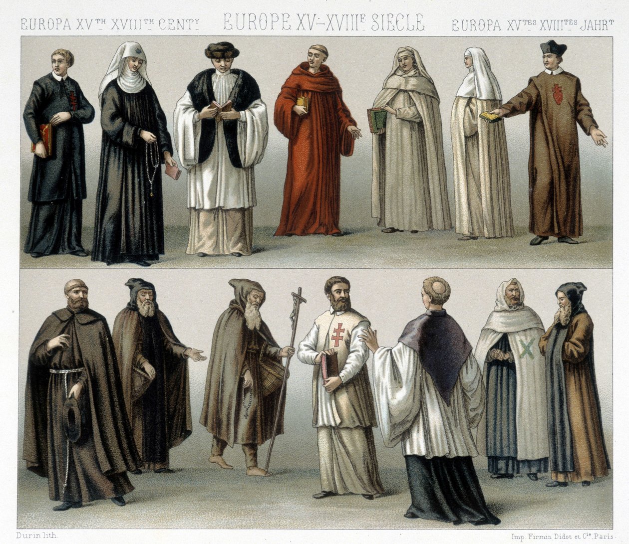 Fantasias monásticas na Europa dos séculos XV a XVIII. Ilustração em "Le costume historique" de Racinet de Albert Charles August Racinet