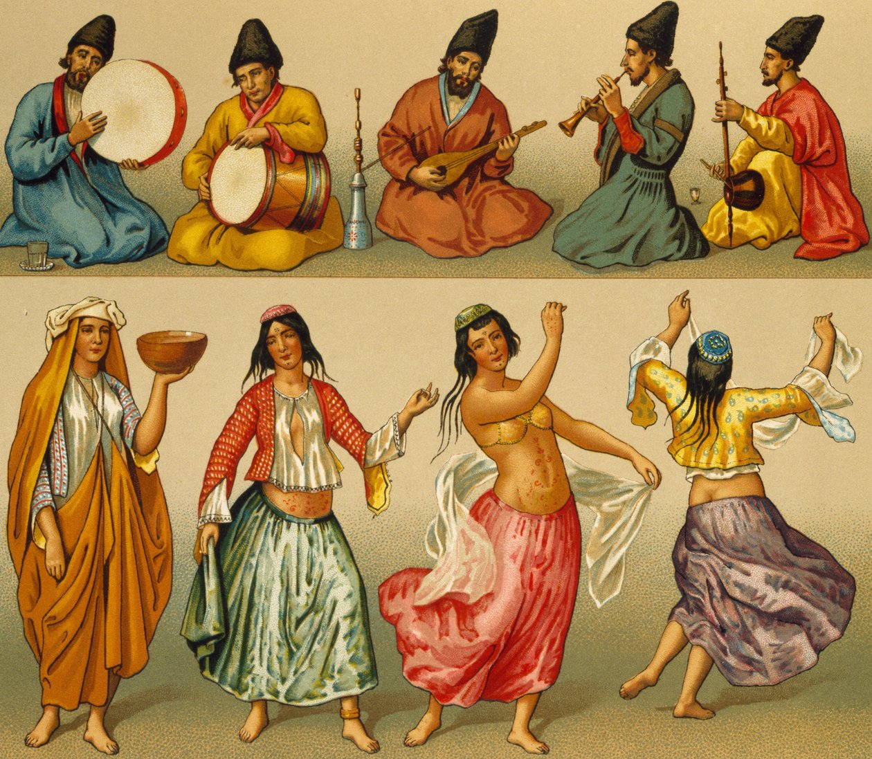 Músicos e dançarinos da Pérsia, litografia de Dambourget, de Le Costume historique (História Completa do Traje), Volume I de Albert Charles August Racinet