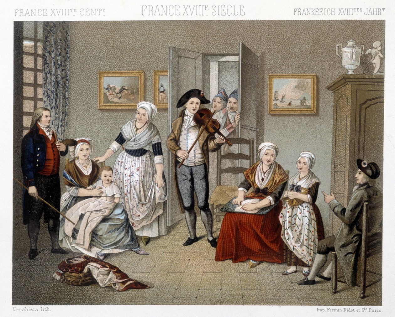 Músicos tocando sua intrusão por uma família dentro de uma casa. Ilustração em "Le costume historique" de Racinet de Albert Charles August Racinet