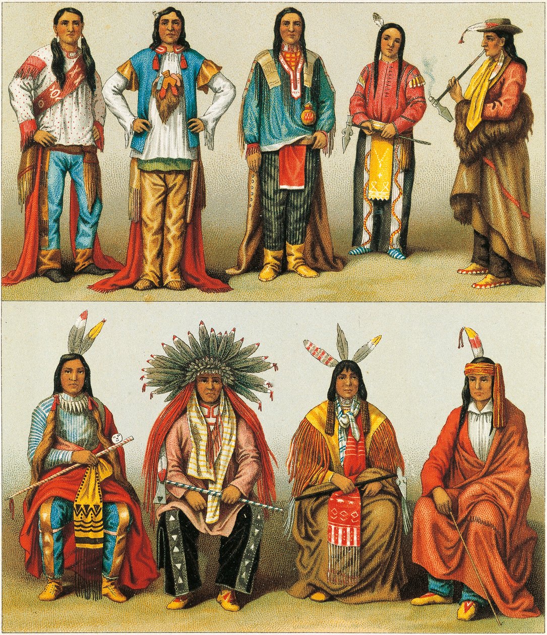 Nativos americanos do Mississippi e Colorado, litografia de Nordmann e Sahn do Le Costume Historique, Volume 2 de Albert Charles August Racinet