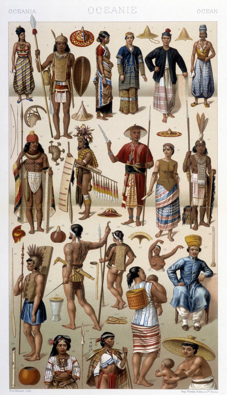 Povo da Malásia e Polinésia (Oceania). Ilustração em "Le costume historique" de Racinet de Albert Charles August Racinet