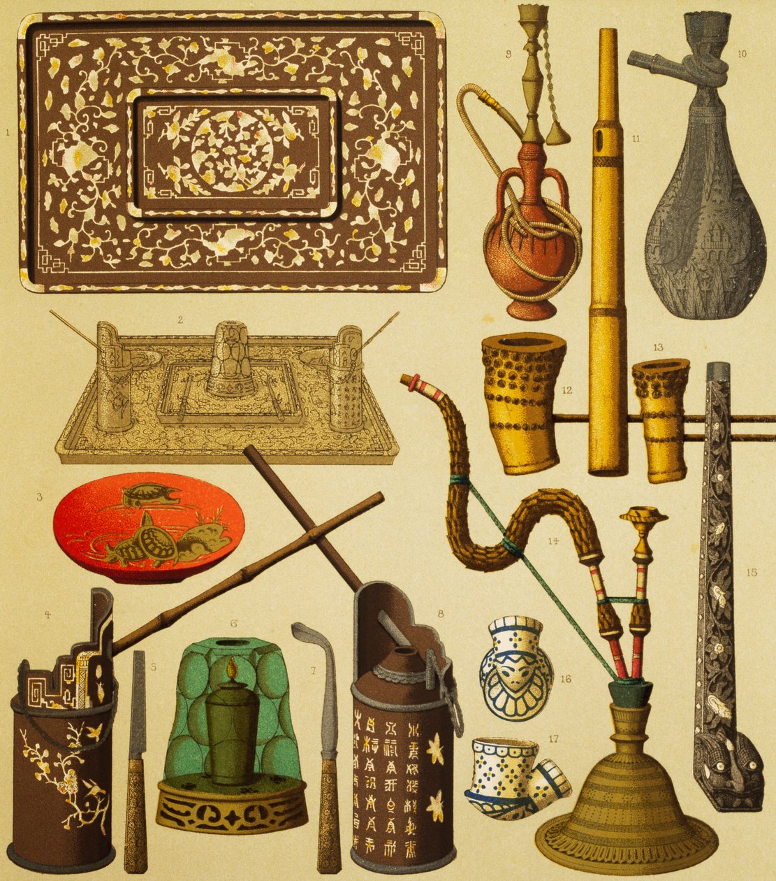 Cachimbo e objetos usados por fumantes, litografia de Schmidt de The Complete Costume History, primeiro volume, de Auguste Racinet (1825-1893), Paris de Albert Charles August Racinet