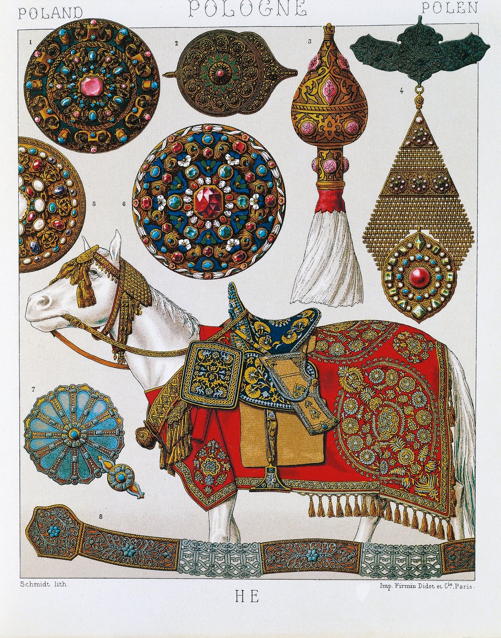 Ornamentos poloneses, Hussardos de cavalo, litografia tirada da história do traje de Schmidt, Volume V de Albert Charles August Racinet