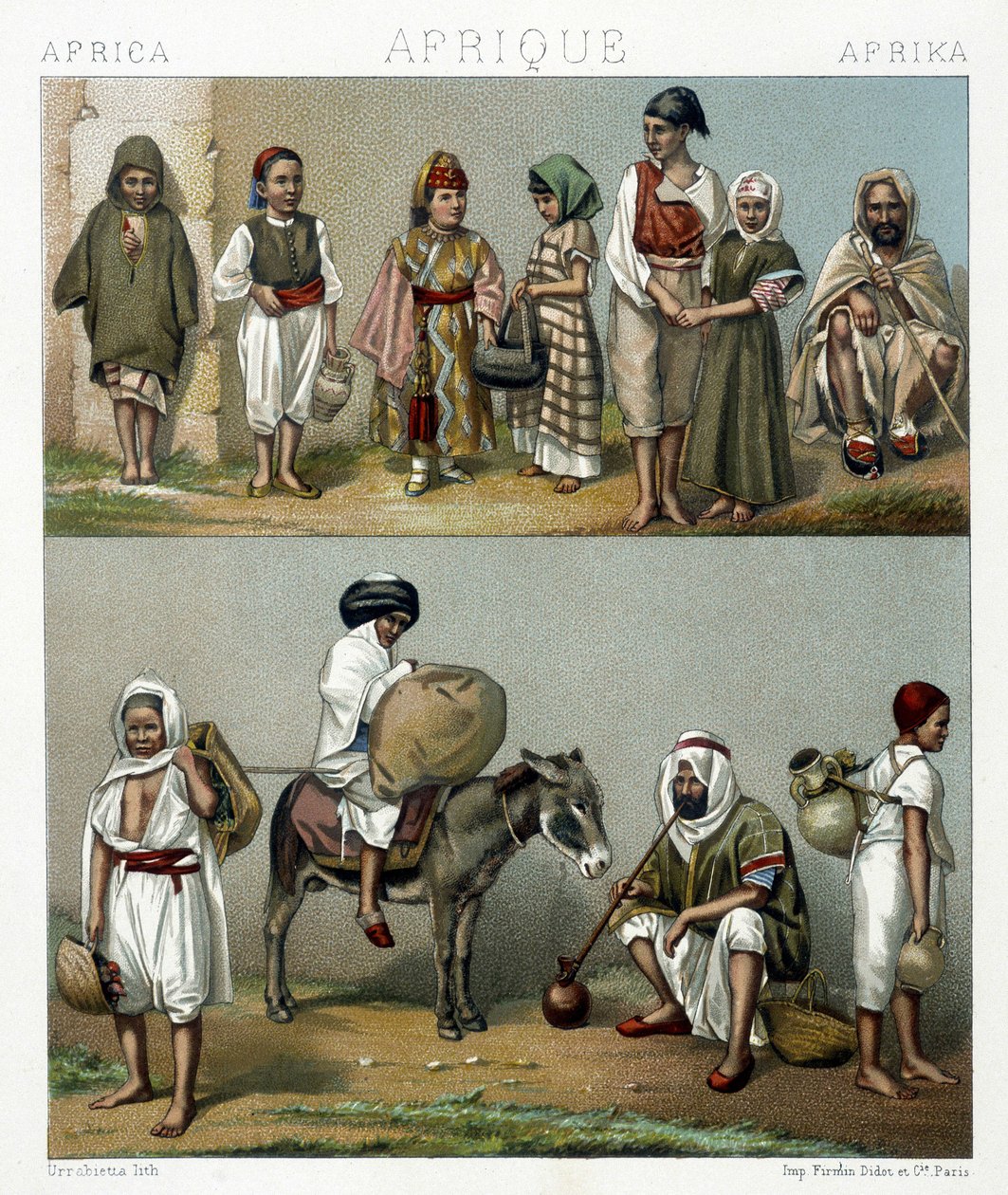 Fantasias populares da Argélia e Tunísia. Ilustração em "Le costume historique" de Racinet de Albert Charles August Racinet