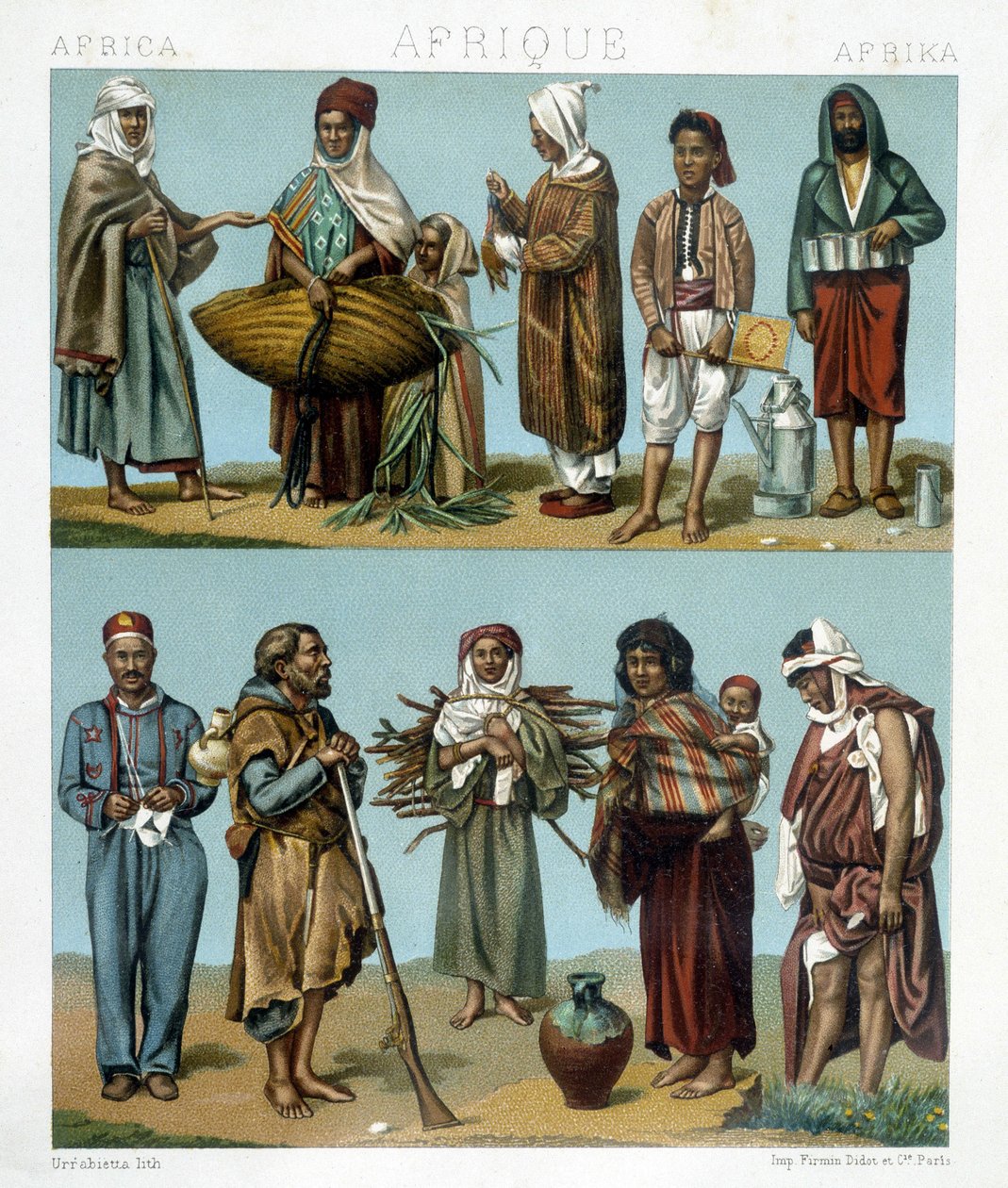 Fantasias populares de África. Ilustração em "O traje histórico" de Racinet de Albert Charles August Racinet