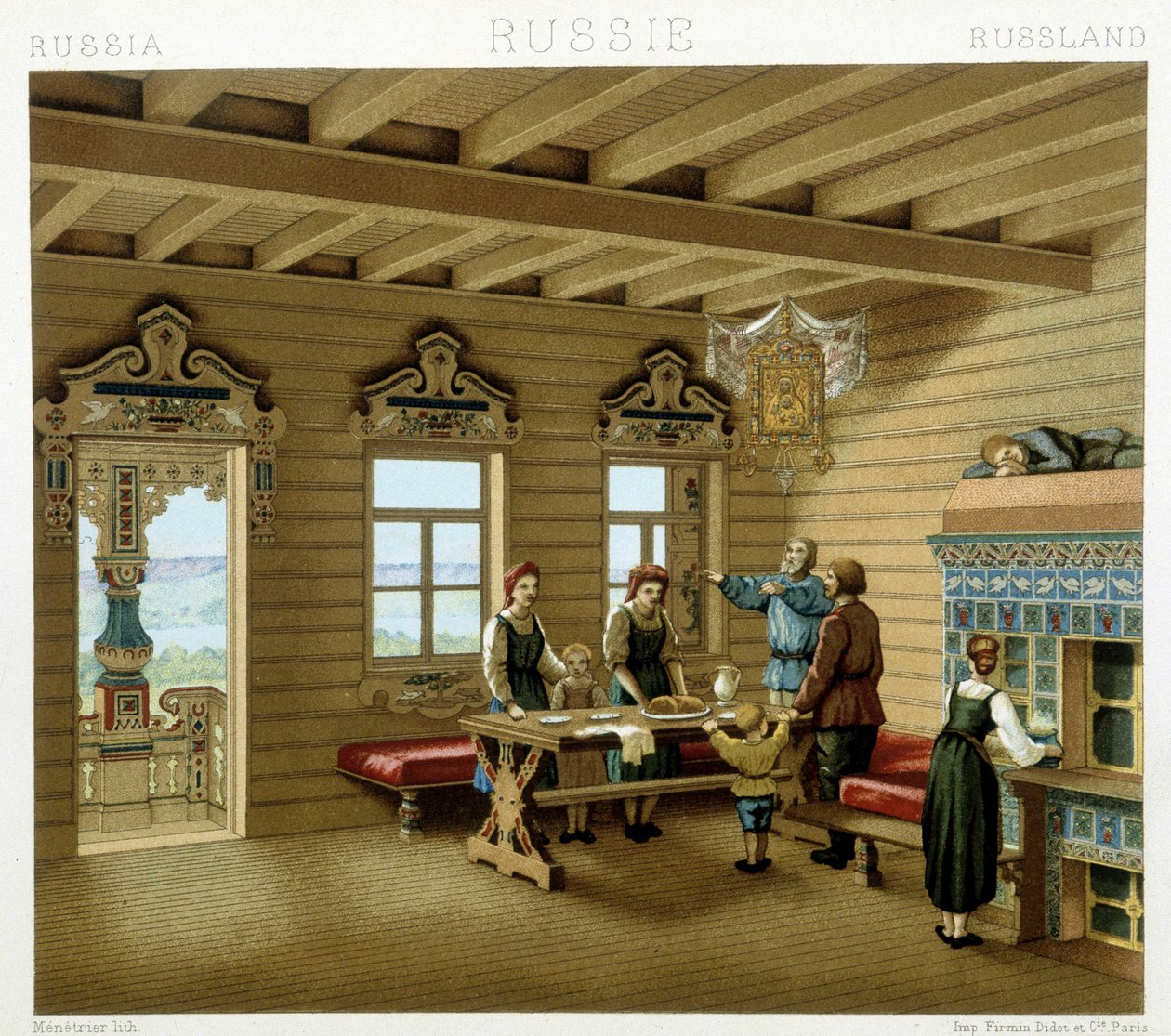 Família russa em uma residência típica na Rússia no século XIX. Placa cromolitográfica - em "Le costume historique" de Racinet de Albert Charles August Racinet