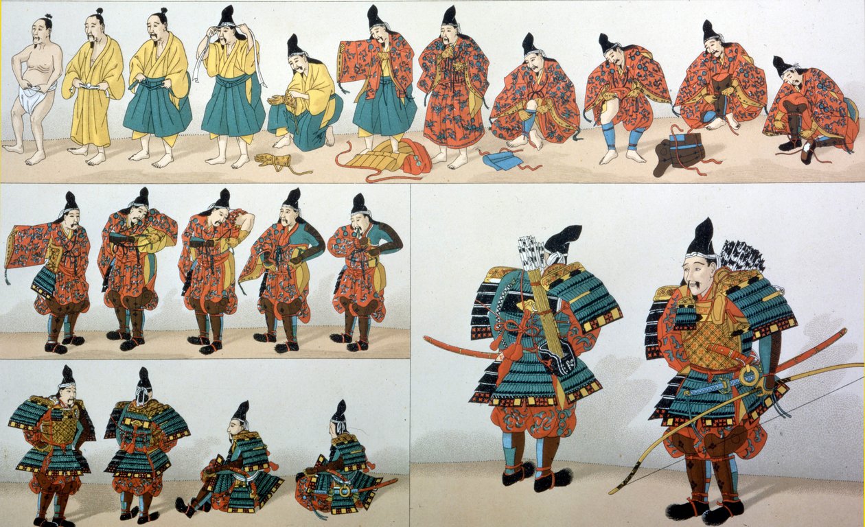Samurai durante a cerimônia de confecção - em O traje histórico de Racinet de Albert Charles August Racinet