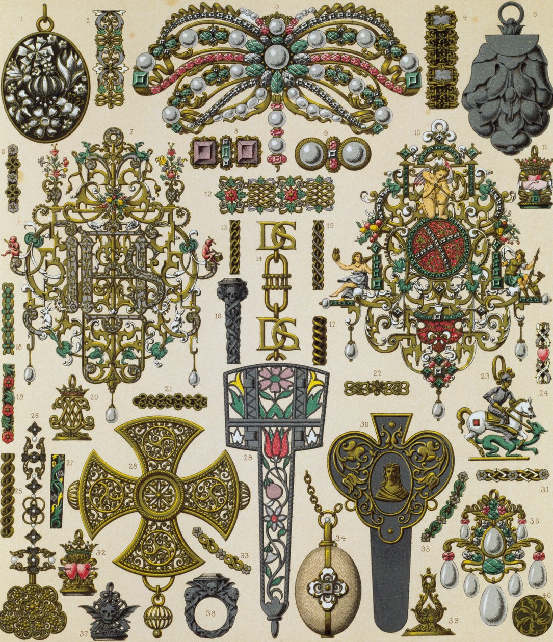 Jóias do século XVII, litografia de Schmidt publicada em Le costume historique, Volume V de Albert Charles August Racinet