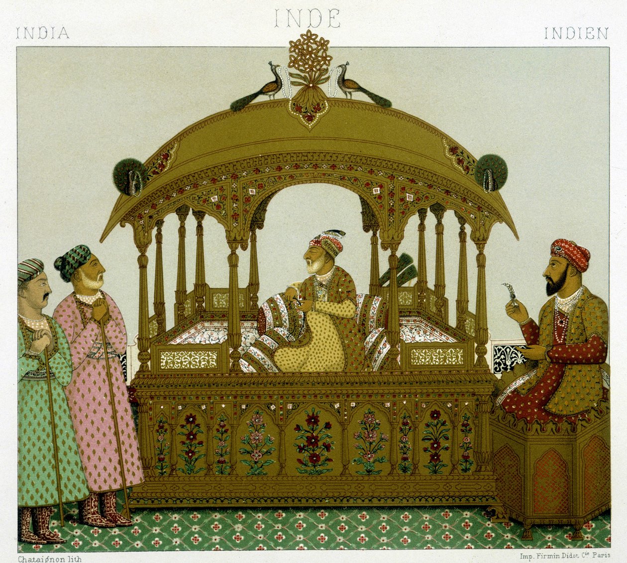 O trono dos imperadores Mugol. Placa cromolitográfica - em "Le costume historique" de Racinet de Albert Charles August Racinet