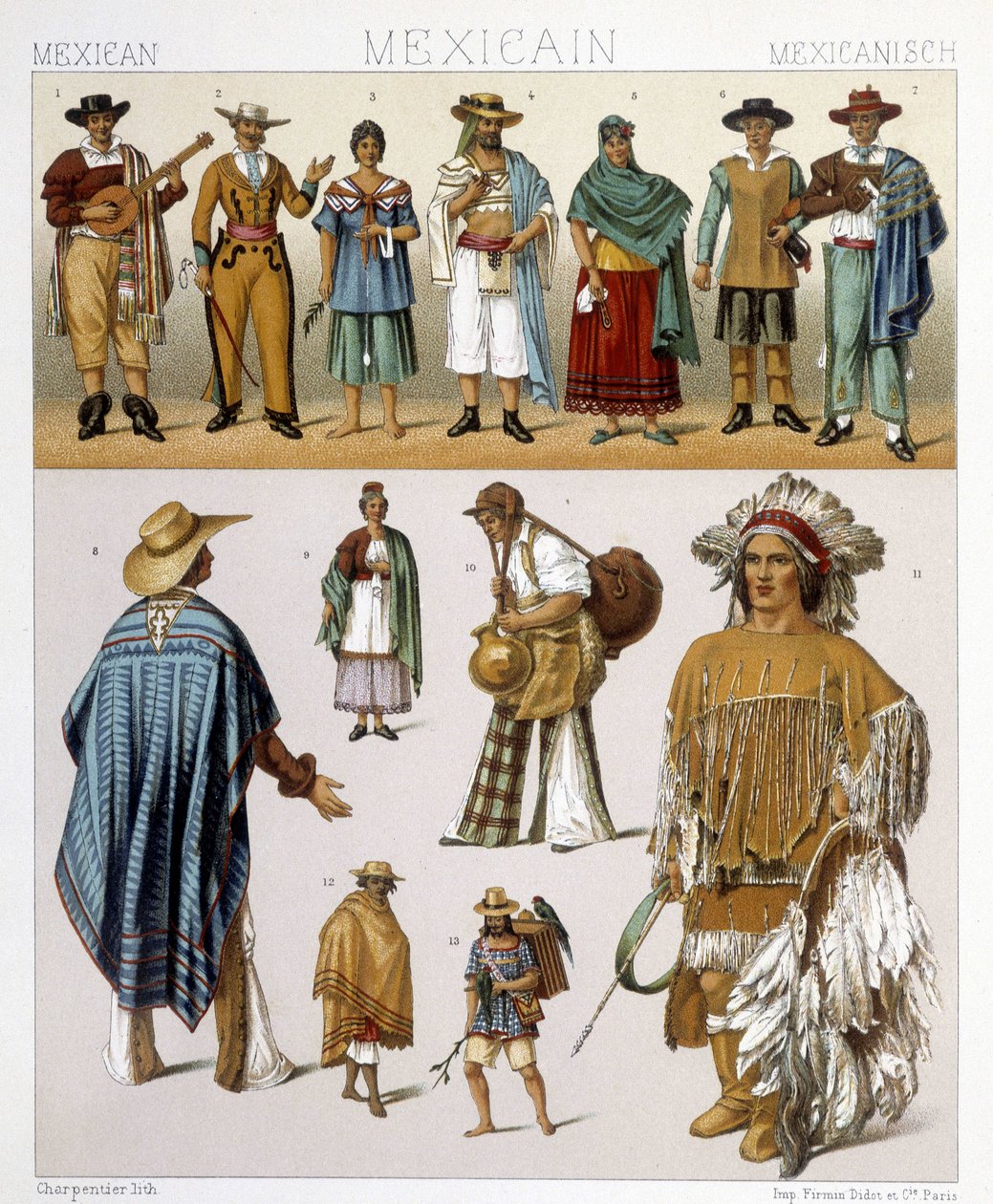 Fantasias tradicionais mexicanas. Ilustração em "O traje histórico" de Racinet de Albert Charles August Racinet