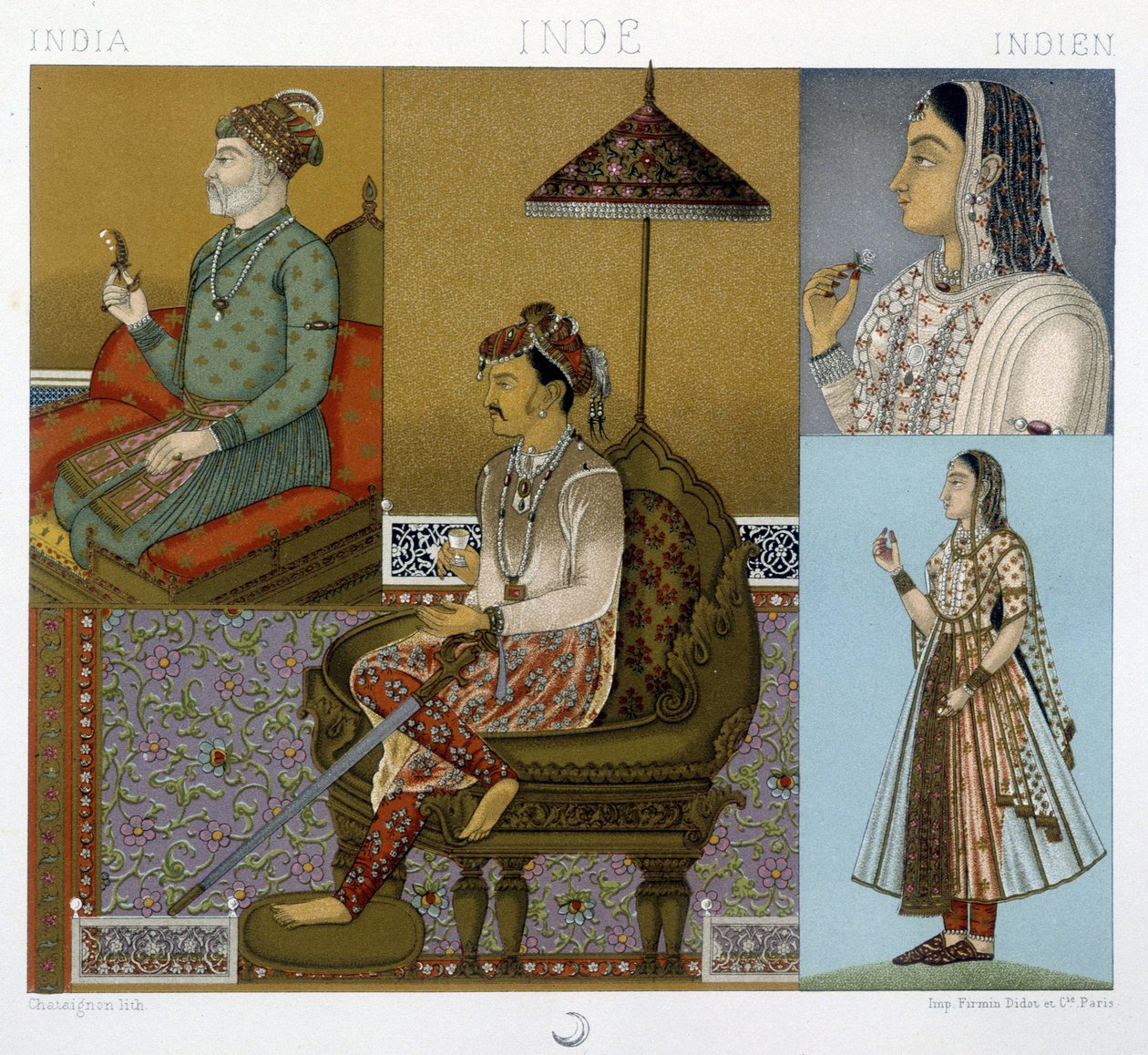Fantasias tradicionais de Mugols e Maharajah na Índia - em "The historical costume" de Racinet de Albert Charles August Racinet
