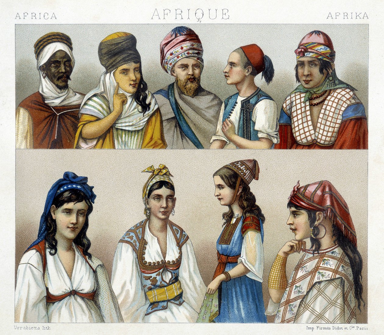 Fantasias tradicionais e toucas de homens e mulheres na Argélia. Ilustração em "Le costume historique" de Racinet de Albert Charles August Racinet