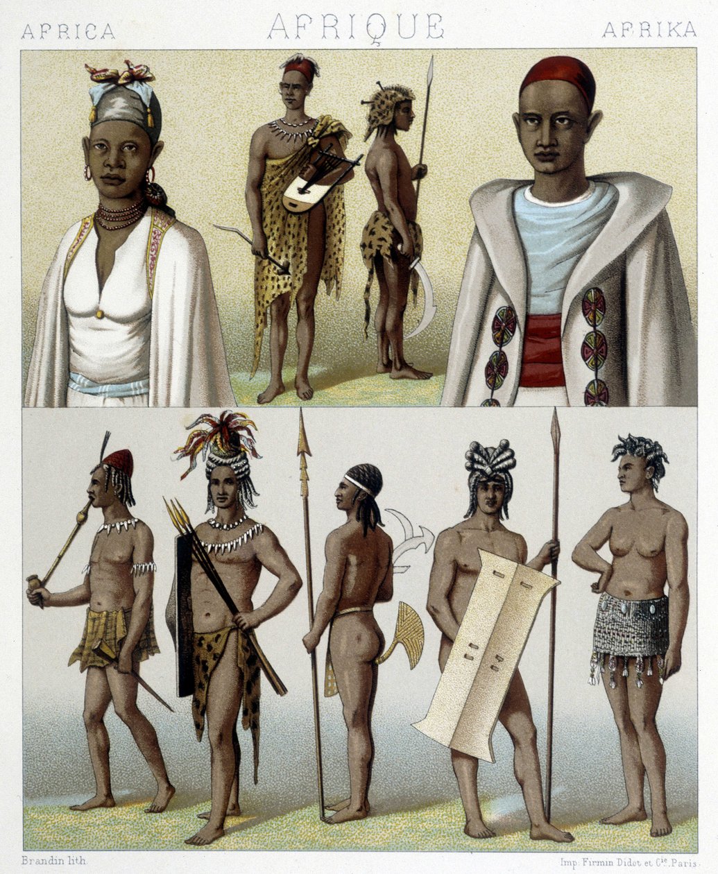 Fatos tradicionais e jóias de Timbuktu e do Alto Nilo. Ilustração em "Le costume historique" de Racinet de Albert Charles August Racinet