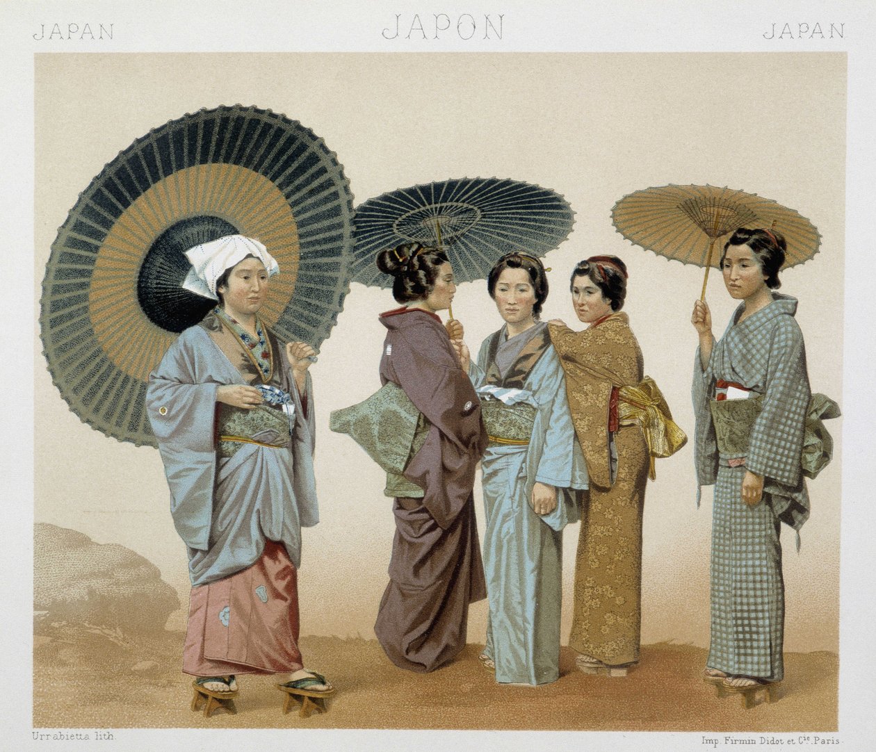 Fantasias tradicionais das mulheres japonesas. Ilustração em "Le costume historique" de Racinet de Albert Charles August Racinet