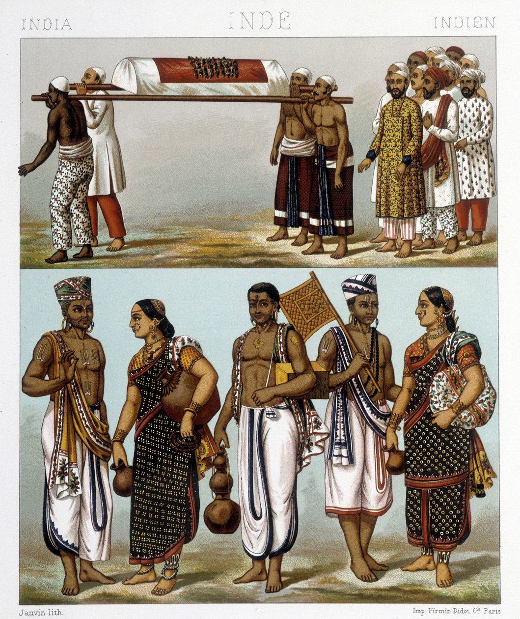 Fantasias tradicionais de muçulmanos (topo da foto) e hindus (fundo) que vivem na Índia. Ilustração em "Le costume historique" de Racinet de Albert Charles August Racinet